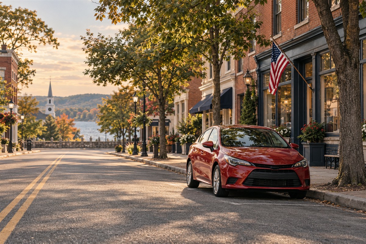 Red car beside brick storefronts on an illustrated American street