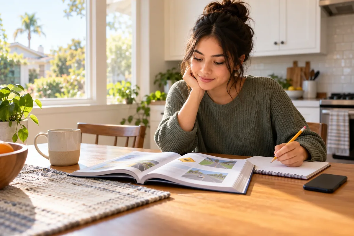 A learner reviewing a driver handbook and taking notes at a sunlit home study table