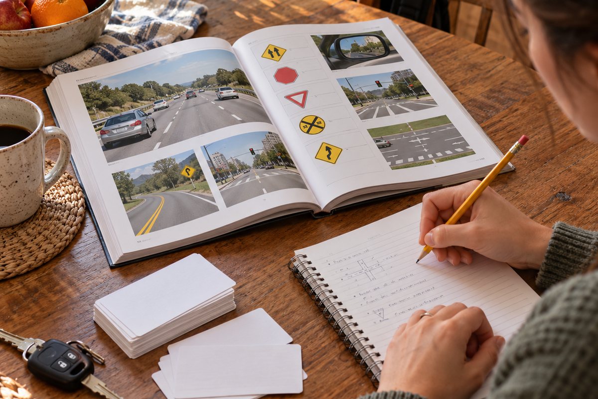 A learner reviewing a driver handbook and notes at a home study table