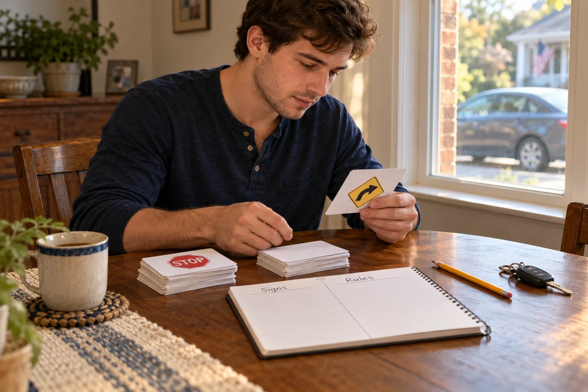 A learner sorting road-sign flashcards beside a notebook labeled Signs and Rules