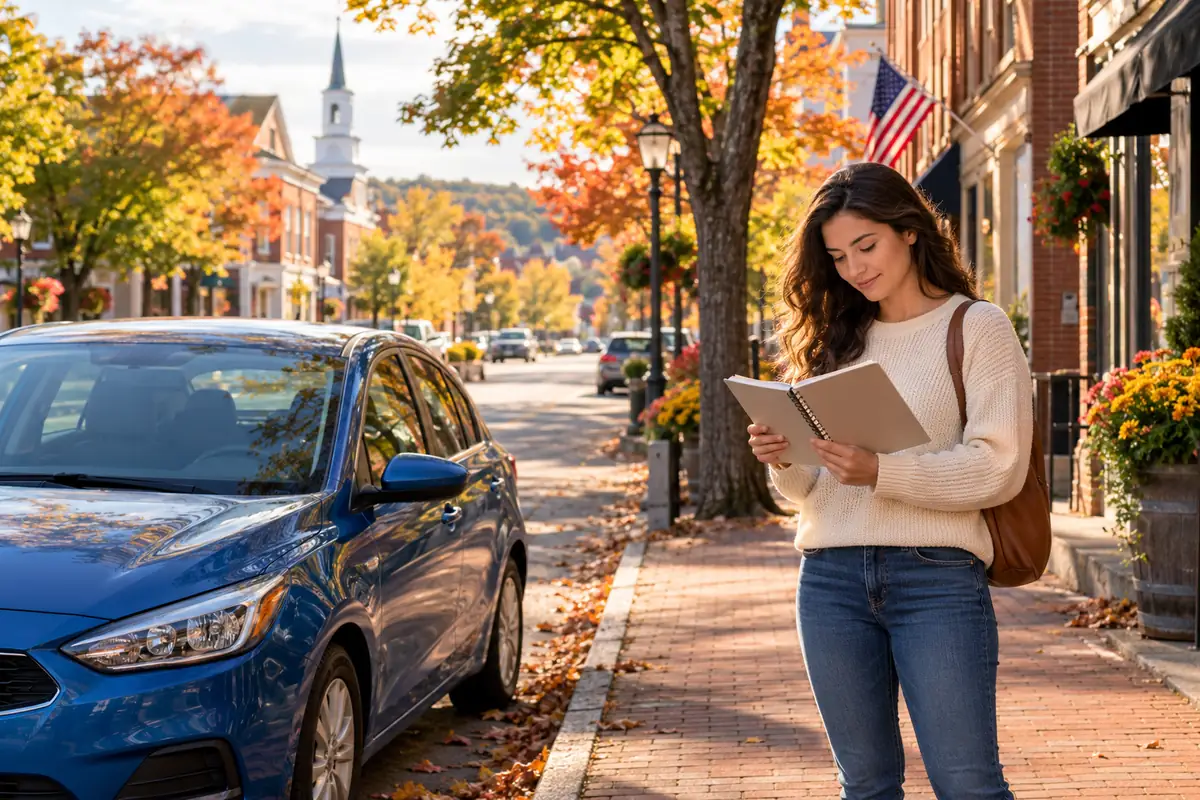 Learner reviewing road-rule notes beside a parked car on a New England main street
