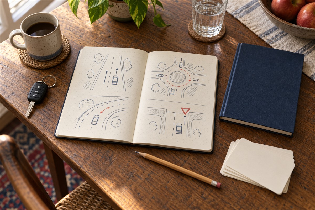 Notebook, flashcards and car keys on a sunlit study table