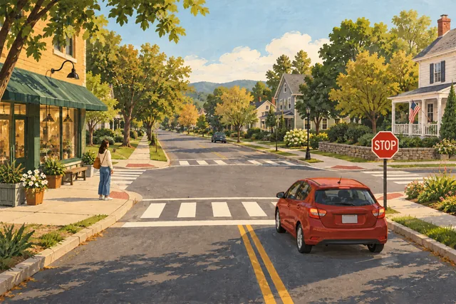A painted American neighborhood with tree-lined streets and a red car